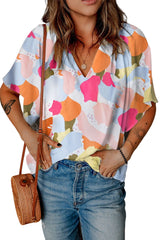 Orange Floral Print V Neck Flutter Sleeve Blouse for Women