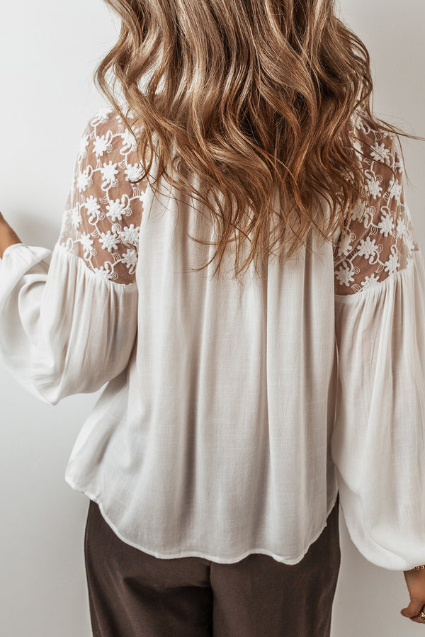 White Floral Lace Patchwork Lantern Sleeve V Neck Blouse