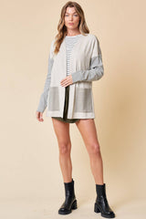 Black Striped Patchwork Pocket Open Front Cardigan