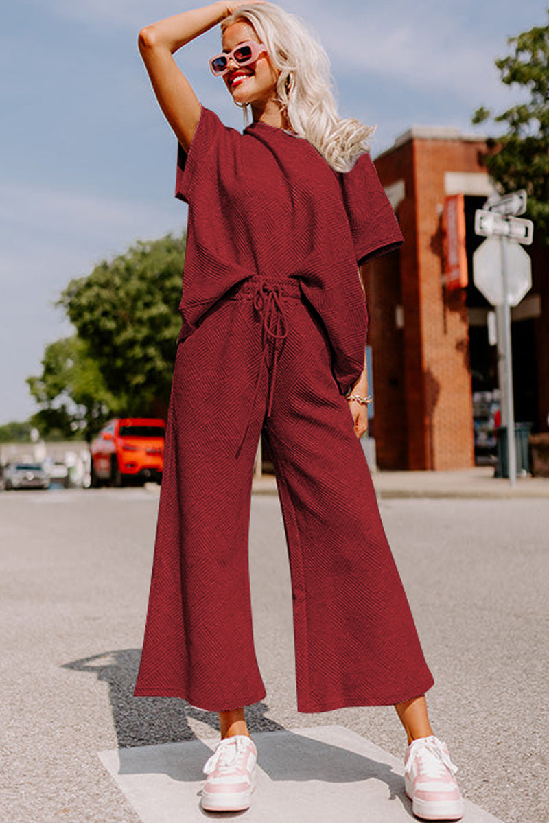 Red Dahlia Textured Loose Fit T Shirt & Drawstring Pants Set