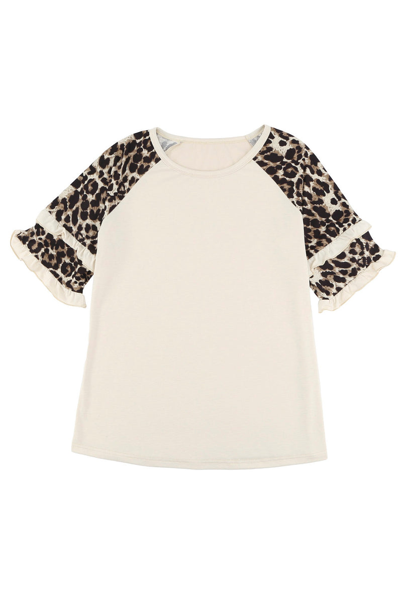 Beige Cheetah Print Tiered Half Sleeve Jewel Neckline T Shirt