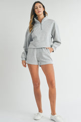 Light Grey Plain Quarter-Zip Pullover Top and Shorts Set