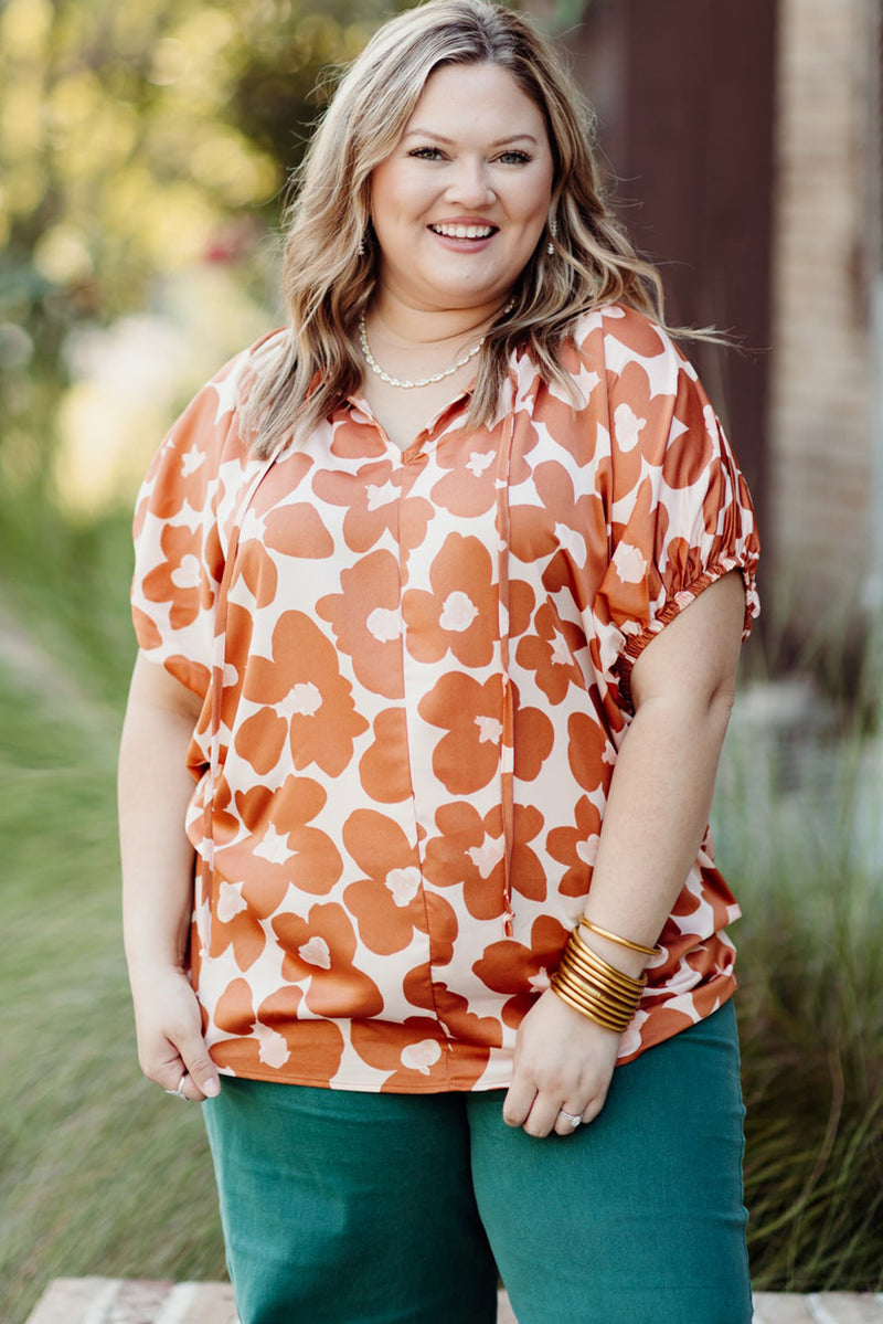 Orange Plus Size 60s Floral Print Drawstring V Neck Short Sleeve Blouse