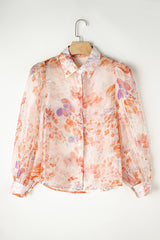 White Floral Print Buttoned Balloon Sleeve Loose Shirt