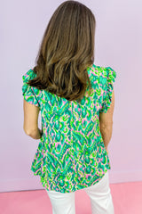 Green Abstract Print Frill Split Neck Ruffle Sleeveless Top