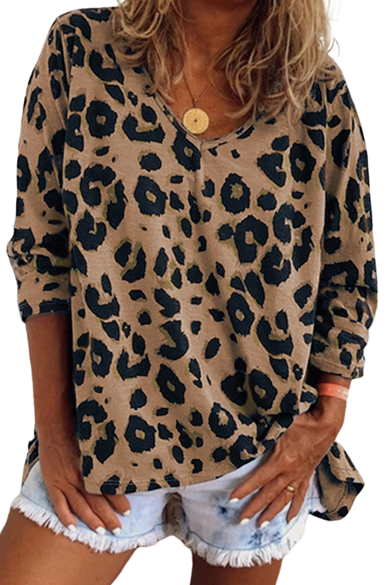 Brown Leopard Split V Neck Long Sleeve Shirt