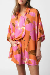 Russet Orange Floral Print Loose Shirt and Shorts Set