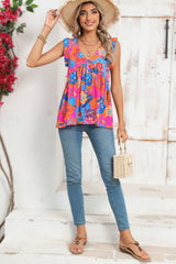 Rose Red Paisley Print Boho Ruffle Hem Sleeveless Shirt