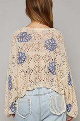 Beige Flower Print Drop Shoulder Hollow Knit Sweater