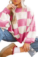 Rose Checkered Bishop Sleeve Pullover Sweater