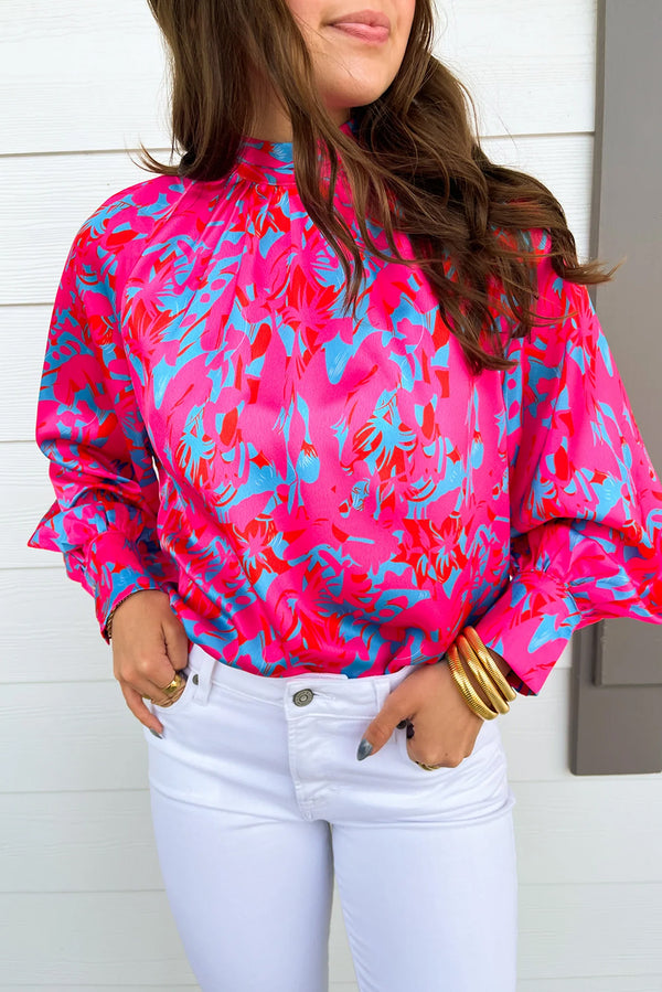 Purple Abstract Mock Neck Puff Sleeve Blouse