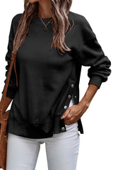 Black Snap Button Side Slits Solid Color Sweatshirt