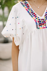 White Colorful Geometric Print V Neck Babydoll Blouse