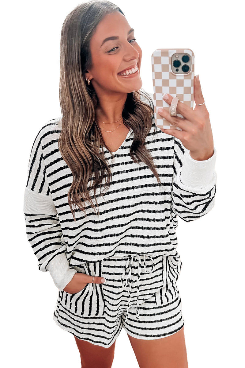 Black Stripe Textured V Neck Long Sleeve Top and Shorts Plus Size Set