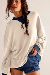 White Color Block Drop Shoulder Crewneck Oversized Sweatshirt