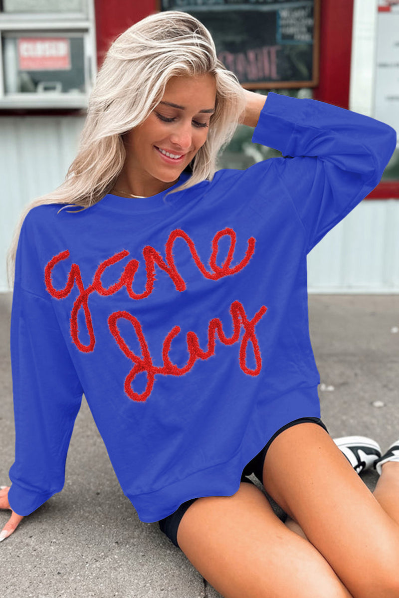 Dark Blue Tinsel Game Day Drop Shoulder Sweatshirt