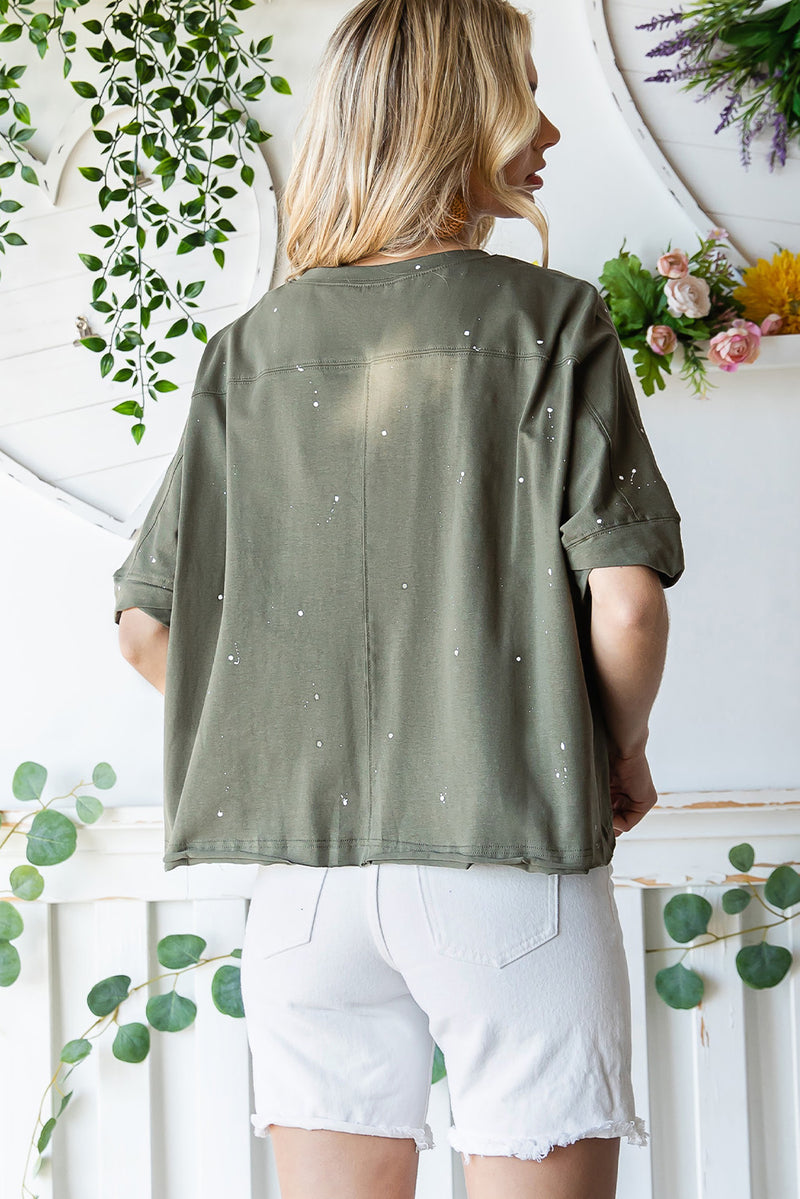 Green Half Sleeve Distressed Asymmetrical Top