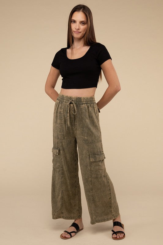 Washed Linen Elastic Band Waist Cargo Pants