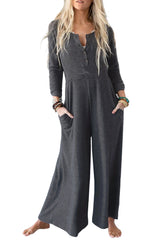 Dark Grey Henley Long Sleeve Wide Leg Jumpsuit with Pockets