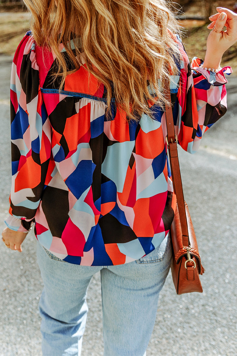 Multicolor Casual Abstract Print Puff Sleeve Blouse