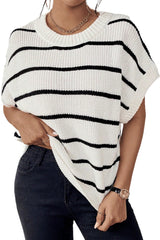 White Striped Pattern Batwing Short Sleeve Knit Sweater