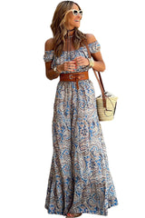 Pink Boho Paisley Print Off Shoulder Maxi Dress