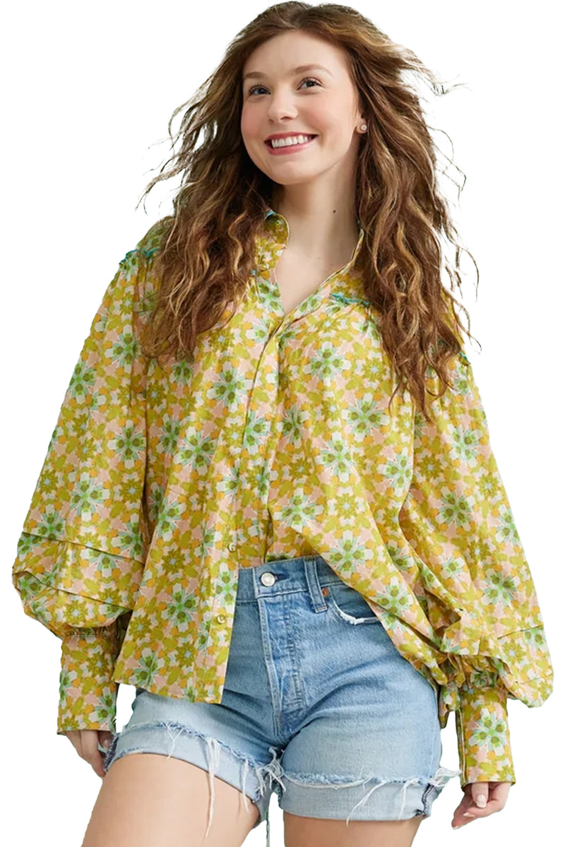 Green Boho Floral Frill Detail Long Sleeve Shirt