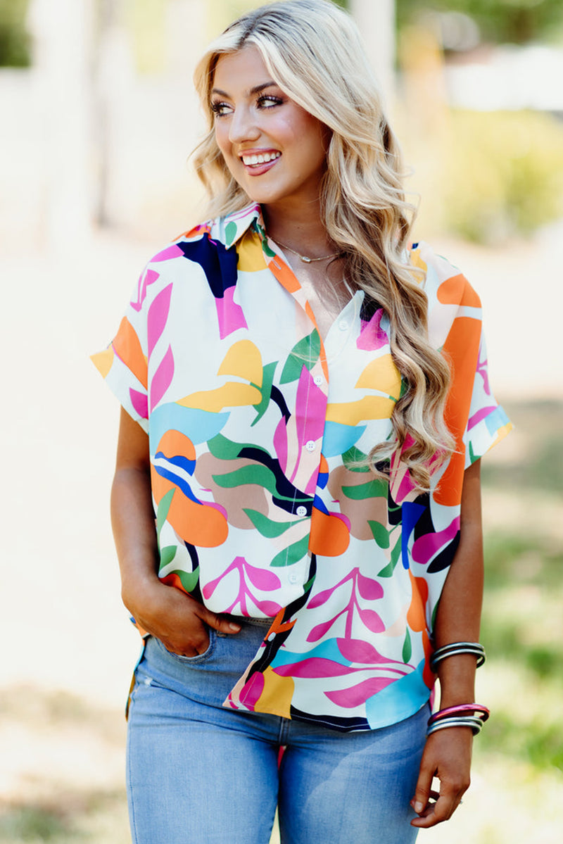 Multicolour Abstract Leaf Print Button Up Short Sleeve Blouse