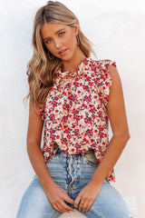 Red Boho Floral Print Ruffled Mock Neck Sleeveless Shirt