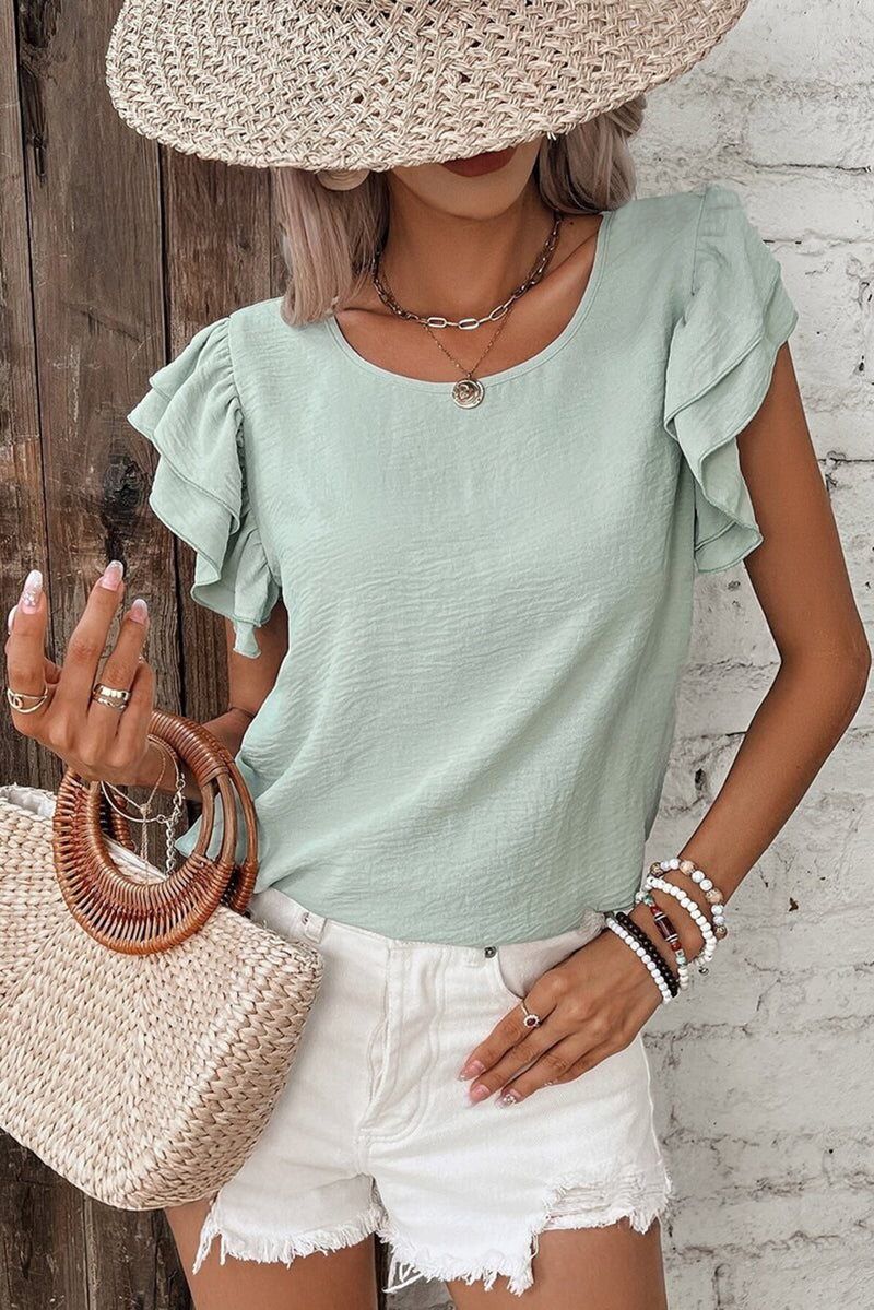 Clearly Aqua Solid Color Ruffle Sleeve Crinkled Blouse