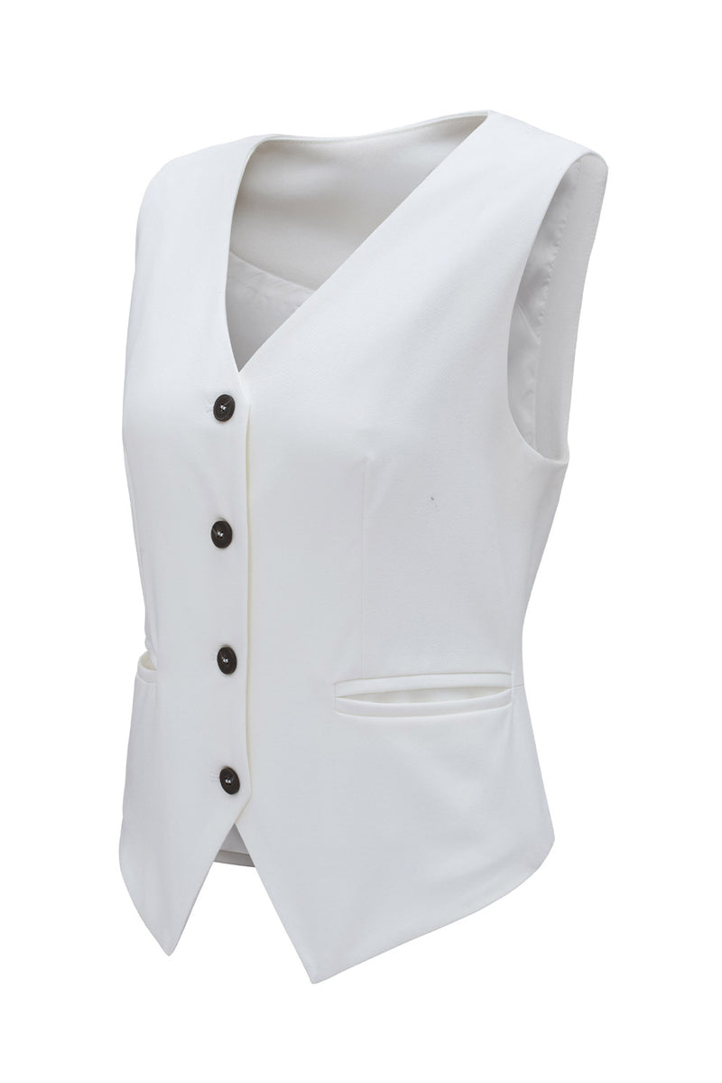 White Solid Color Button Up V Neck Suit Vest