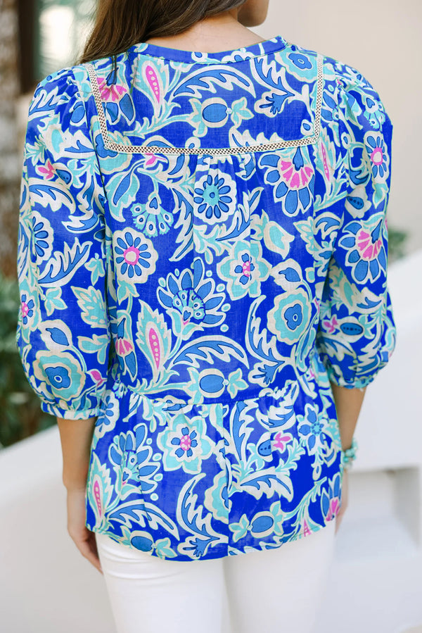 Blue Boho Floral Print V Neck Peplum Blouse