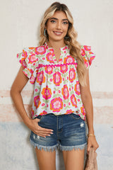 Rose Boho Floral Print Ricrac Ruffle Sleeve Blouse