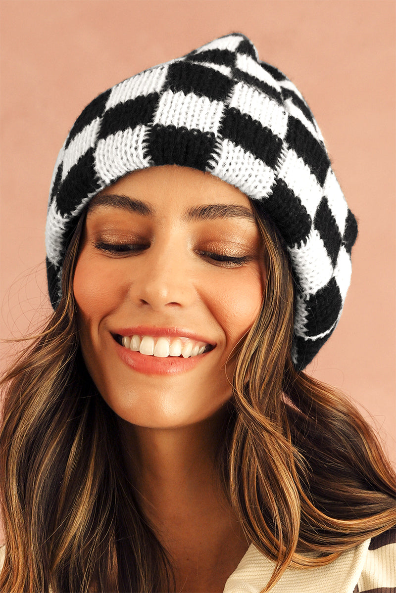 Black Two Tone Checkered Folded Eaveless Beanie Cap