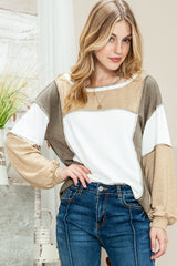 Khaki Color Block Exposed Seam Long Sleeve Top