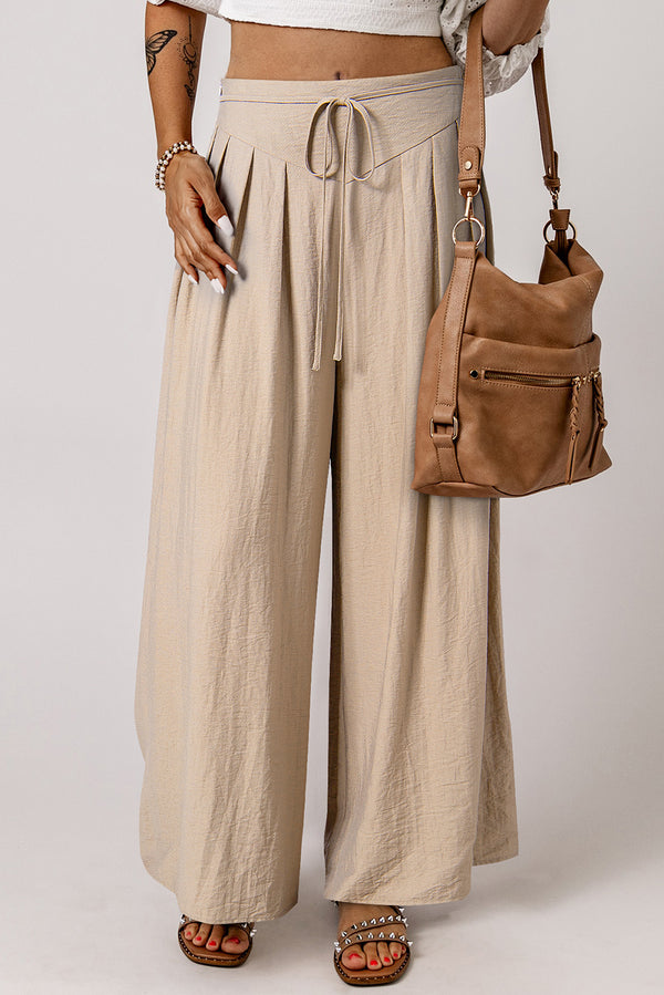 Beige Casual Lace-up Waist Pleated Wide Leg Pants