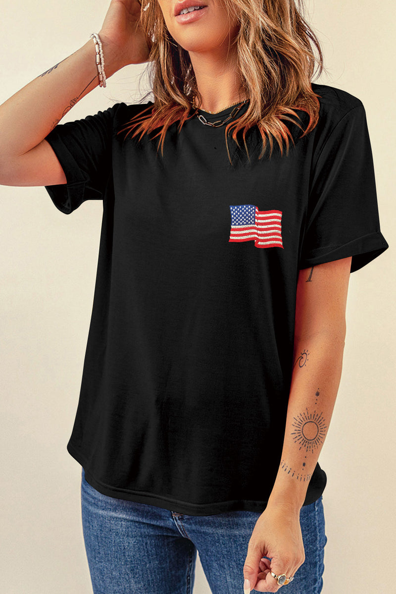 Black American Flag Embroidered Graphic Crew Neck T Shirt