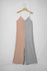 Yellow Stripe Color Block Spaghetti Strap Backless Overall