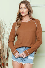 Green Textured Exposed Seam Long Sleeve Top