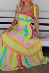 Multicolor Striped Print Bow Knot Straps Sleeveless Maxi Dress