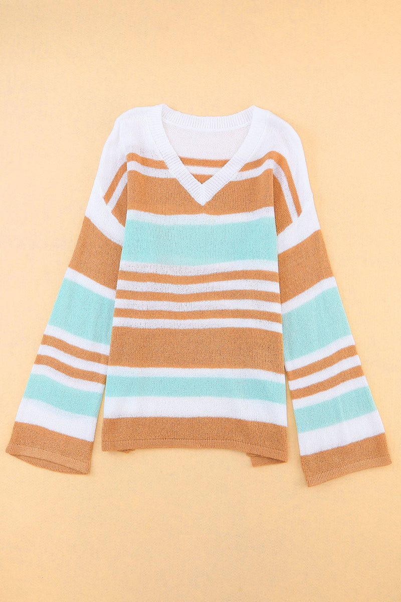 Multicolor Colorblock Stripe V Neck Split Sweater