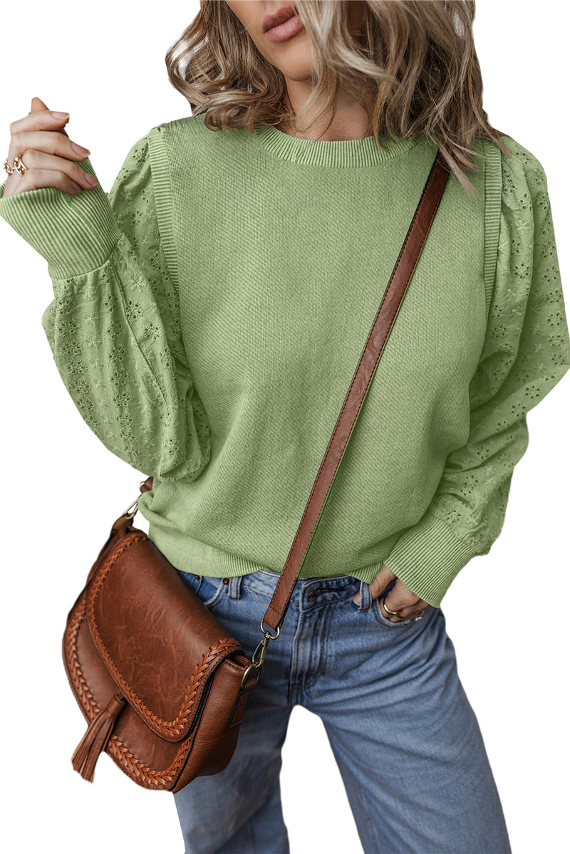 Mist Green Eyelet Embroidered Sleeve Patchwork Ribbed Sweatshirt