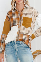 Orange Plaid Color Block Patchwork Pocket Shirt Shacket