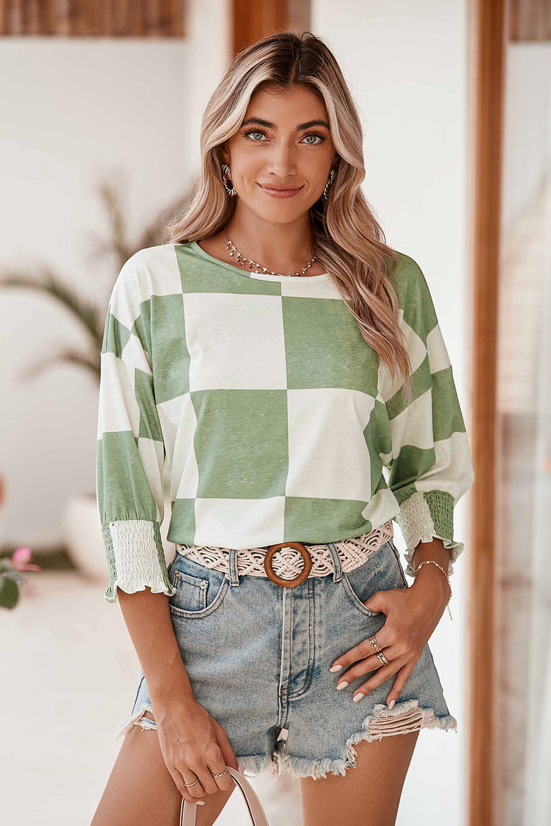 Grass Green Checkered Ruffle Smocked Cuffs Tee