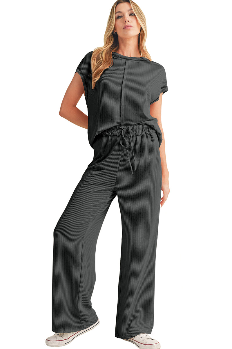 Parchment Exposed Seam Corded T shirt and Wide Leg Pants Set
