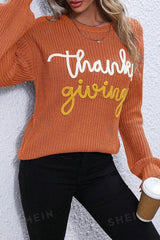 Red Sandalwood Thanksgiving Letter Graphic Crew Neck Sweater