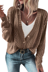 Dark Khaki Hollow Knit Drop Shoulder Cardigan