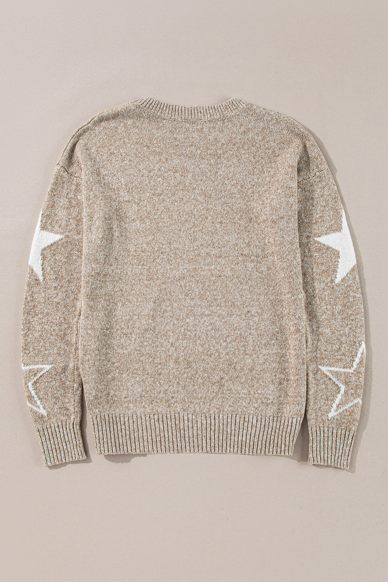 Gray Star Pattern Drop Shoulder Knit Sweater