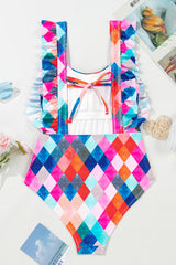 Multicolor Plaid Print Square Neck Frill Sleeveless Backless One-piece Swimwear