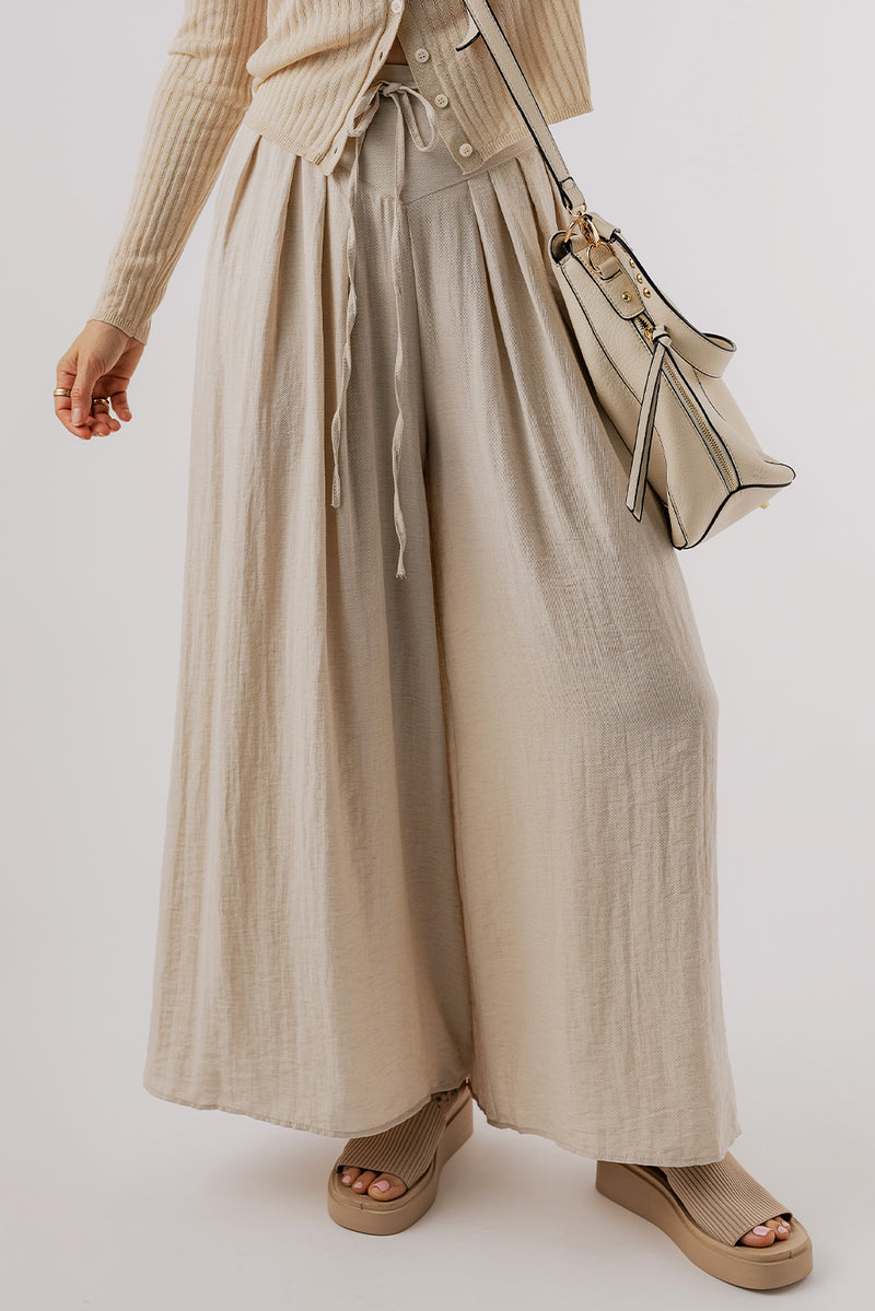 Beige Casual Lace-up Waist Pleated Wide Leg Pants